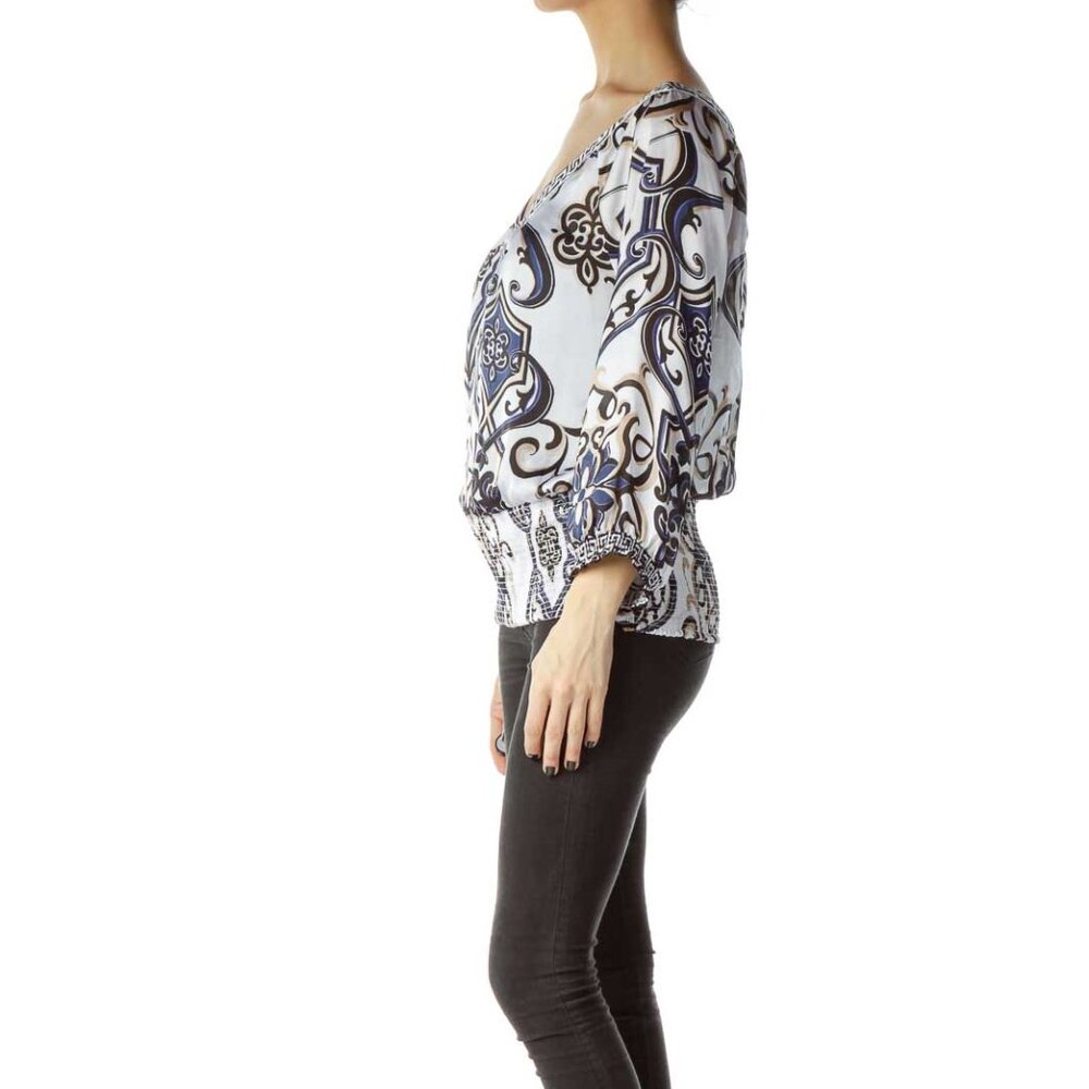 White House Black Market Cream Printed 3/4 Sleeve Ruched Blouse - Picture 2 of 3